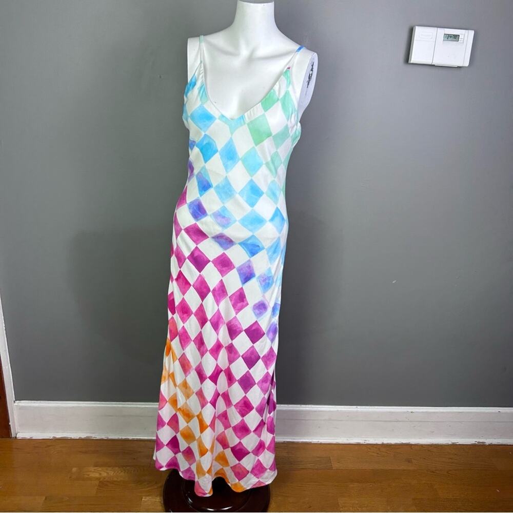 Jen's Pirate Booty slip dress small Rainbow argyle artsy watercolor pink Revolve